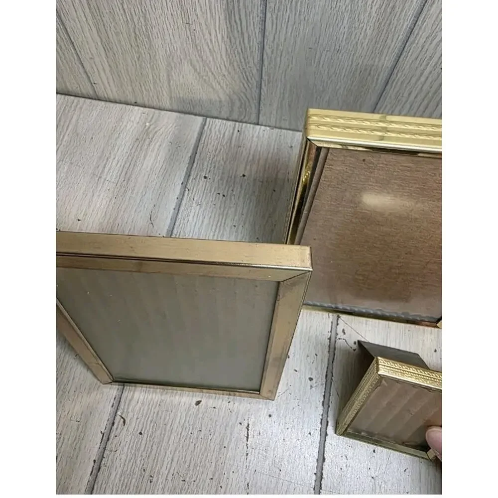 Vintage MCM Metal Brass Picture Frames Freestanding Wall Hanging Gold Set Of 3
